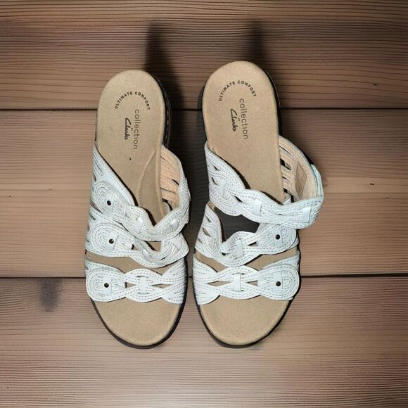 Clarks Shoes - Clarks Leisa Faye White Leather Slide Sandals 5.5 New Gift Ready Fall Transition